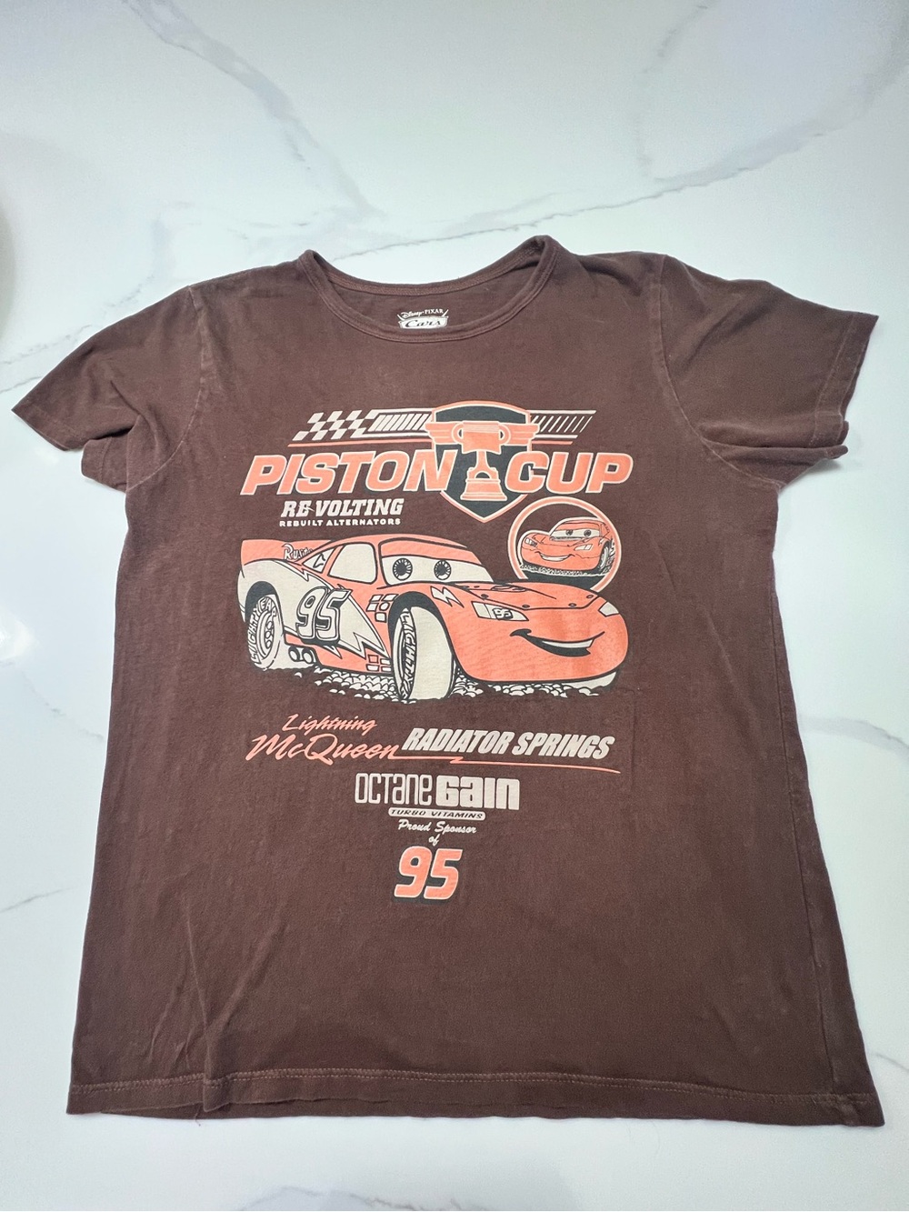 Ladies Cars Lightning McQueen Piston Cup Brown Tee. Size L